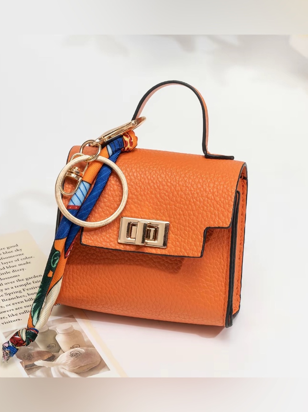 Orange Mini Satchel Crossbody Bag with Gold Hardware Bag Charm/Keychain